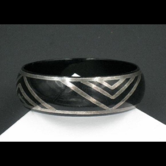 Rare Art Deco Silver Overlay Black Celluloid Bangle Bracelet - Picture 4 of 8